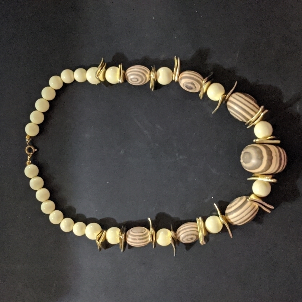 Gold Tone Cream and Brown Wooden Beaded Statement Necklace